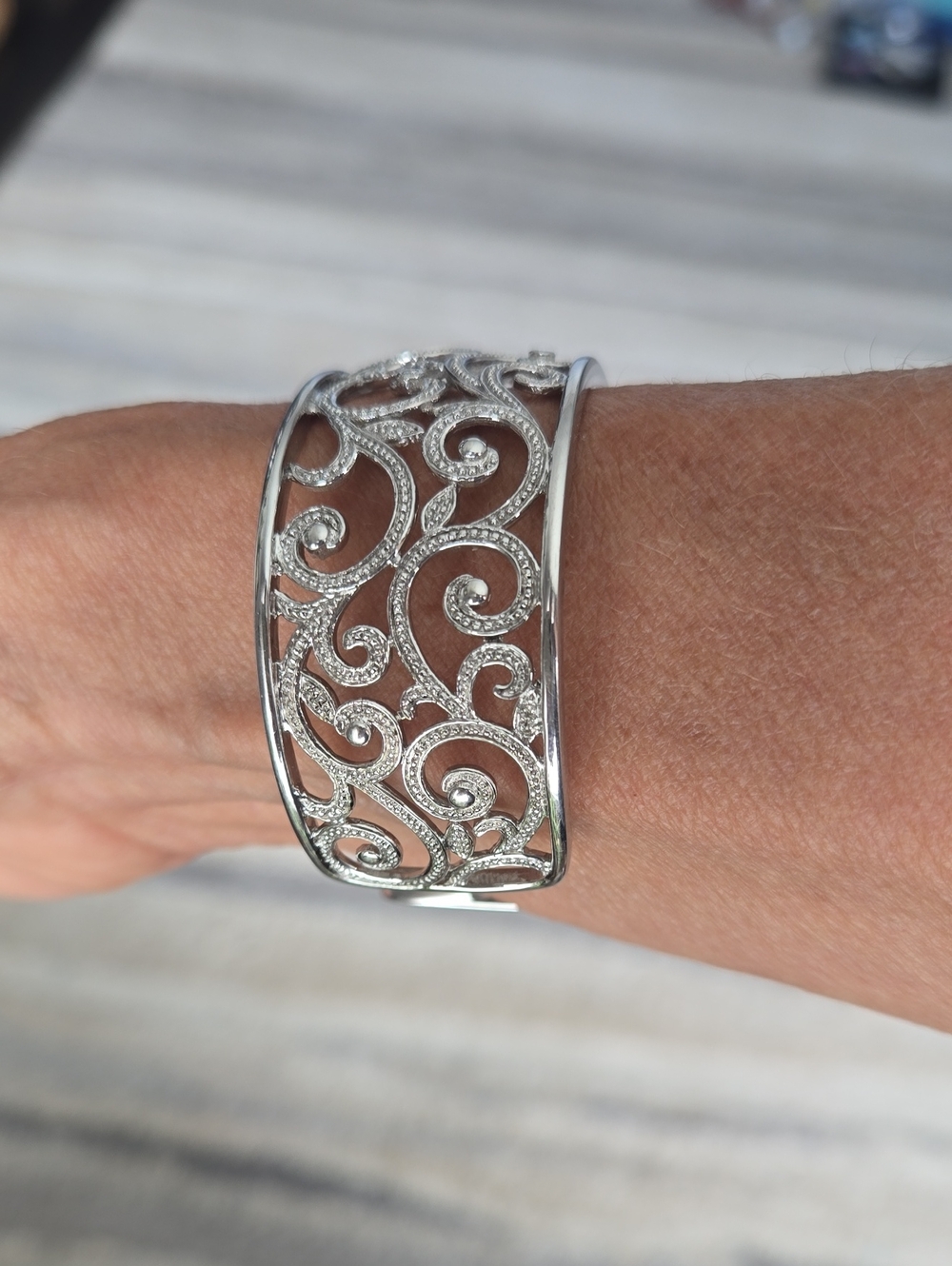 925 Sterling, Diamond, Filigree, Cuff Bracelet